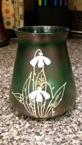 Loetz Style Iridescent Enamel Flowers Vase 4 "