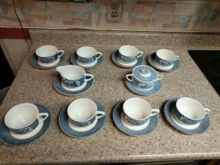 Vintage Currier & Ives Royal China Blue Rim Old Grist Mill Tea Cup Set (21 Pc)