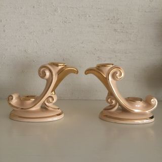 Vintage Abingdon Pink And Gold Hollywood Regency Scroll Double Candleholders