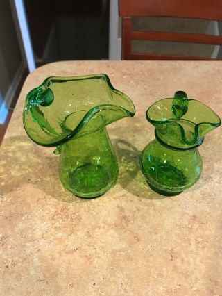 Vintage Small Miniature Green Crackle Glass Pitchers