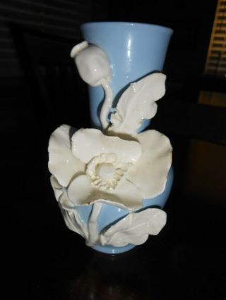 Vintage Light Blue Vase W/applied Flowers Czechoslovakia 9095