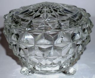 Vintage Jeannette Crystal Depression Glass 3 - Toed Powder Jar Windsor Diamond Lid