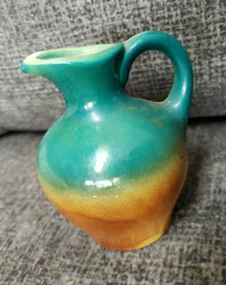 Vintage Small 3.  5 " Miniature Pottery Vase Pitcher Individual Creamer Brown Teal