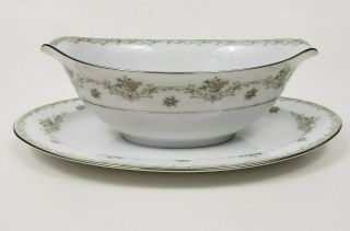 Sango Japan Kenwood Fine China Set Gravy Boat Attached Underplate Floral Silver