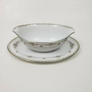 Sango Japan kenwood fine China set gravy boat attached underplate floral silver 2