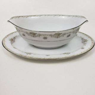 Sango Japan kenwood fine China set gravy boat attached underplate floral silver 5