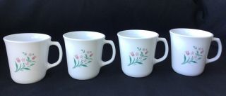Vintage 4 Corelle Corning Ware Coffee Tea Cups Mugs Pink Tulips Rosemarie Usa