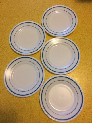 5 Vintage Pyrex Milk Glass W/blue Stripes Salad/dessert Plates Approx 7 " 704