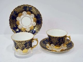 (2) Antique Aynsley Bone China Cobalt Blue & Gilded Gold Cup & Saucer Set,  3