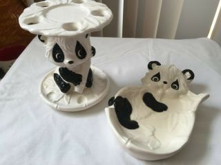 Vintage Set Pandas Spoon Rest Holder Or Toothbrush Holder Soap Trinket Dish