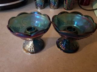 1 - Pair Indiana Glass Harvest Grape Blue Carnival Candle Holder