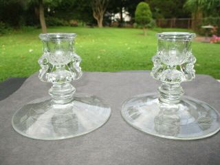 Pair Elegant Depression Glass Candle Holders Etch Aster Daisy