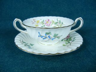 Minton Dainty Sprays S511 Double Handled Cream Soup Bowl And Saucer Set (s)