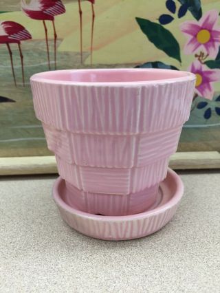 Vintage Mccoy Pink Basketweave Flower Pot