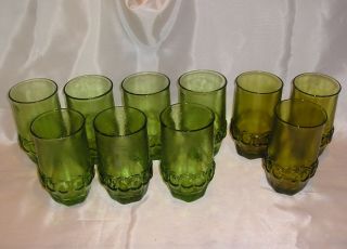 Set Of (10) Vintage Indiana Glass Green & Olive Thumbprint Tumblers / Glasses