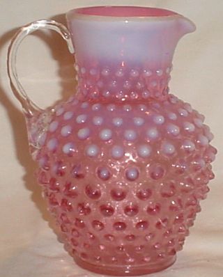 Fenton Cranberry Opalescent Hobnail Pitcher Notched Clear Handle/unmarked/5.  75 "