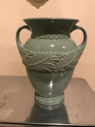 Vintage Abingdon Usa Vase Green 9”t X 6.  5”w Double Handle Art Deco Style