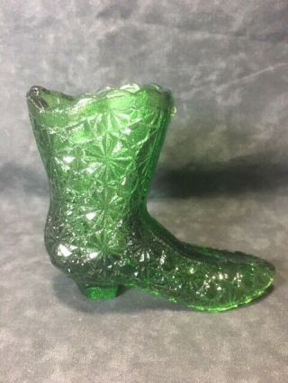 Vintage Pressed Glass High Top Shoe Boot Daisy & Button Pattern Emerald Green