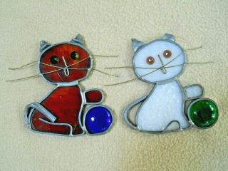 2 Vintage Stained Lead Glass Cat Kitten Suncatchers