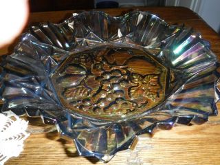 Fenton Carnival Blue Glass Footed Candy Bowl Fruit Bowl Scalloped Edge Vintage