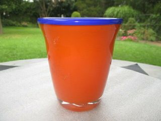 Bright Orange Cased Art Glass Tumbler Vase Cobalt Blue Rim Makeup Brushes Etc Ey