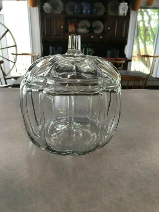 Vintage Anchor Hocking Glass Pumpkin Candy/cookie Jar With Lid.