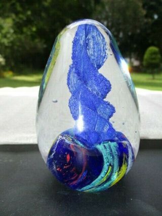 Egg Art Glass Paperweight Brilliant Blue Bubble Spiral Core