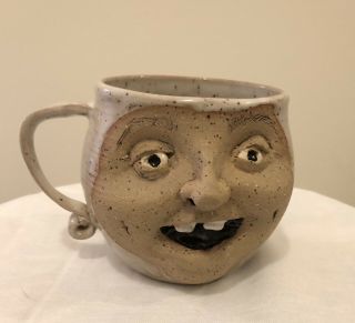 Handcrafted Folk Art Pottery Signed Funny Face Mug