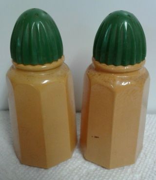 Vintage Hazel Atlas Salt & Pepper Shakers Set Mustard Yellow Glass Green Tops