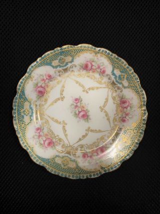 Antique Limoges Elite Sm Dessert Plates (2) Gold Roses Teal Rare 1900