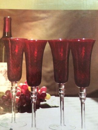 Four Long Stemmed Champagne Glasses,  Red And Clear Glass,