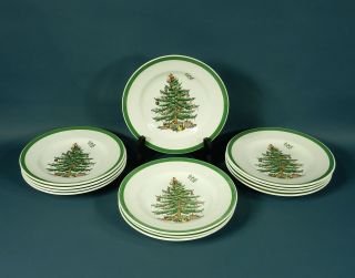 12 Vtg Spode Christmas Tree Pattern Dessert Plates 6 1/2 " Diameter - Green Trim