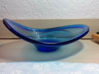 Exceptional Vintage,  Old Studio Art Glass Abstract Bowl,  Great Blue Color Bout 4 X