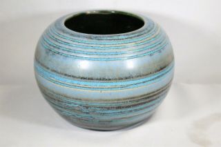 Mcm Deco Ringed Blue Crystaline Black Bulbous Studio Pottery Vase Signed Eames