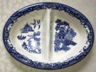 Churchill Blue Willow Oval Divided Vegetable Serving Bowl Dish 10 "