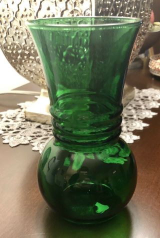 Vintage Anchor Hocking Forest Emerald Green Ribbed Glass Vase