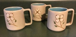 Pigeon Forge Pottery Cup / Mug - Stoneware - Dogwood Flower - Blue Interior 3 Pc