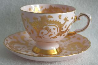Vintage Tuscan Fine Bone China Teacup And Saucer Pink With Gold Flying Dragons
