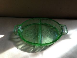 Green Depression Glass Relish Dish 2 Part Oval Jeannette Floral/poinsettia