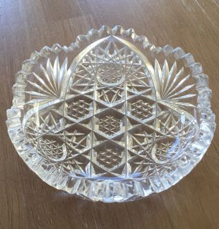 Vintage Lead Crystal Cut Etched Glass Bowl Sunburst Dish Ashtray 4”