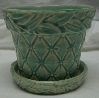 Vintage Mccoy Usa Green 3 1/2 " Tall Flower Pot Diamond Design W/ Attached Saucer