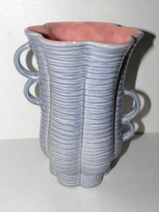 Vtg Red Wing Vase Scalloped Sides Double Handles Blue With Pink Interior 7.  5 "