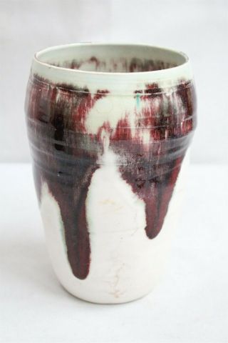 Mcm Ringed Oxblood Drip Glaze Over White Studio Pottery Vase Signed Eames Int.