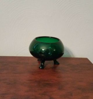 Vintage Forest Green Glass Bowl With Three Legs Candy Dish,  Nut Bowl