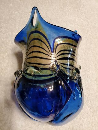 Vintage Hand Blown Hanging Cobalt Blue Glass Vase With Irridescent Flow Design