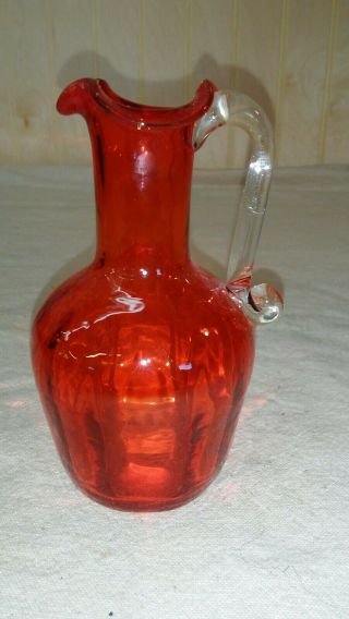 Vtg Hand Blown Art Glass Red Pitcher /vase Applied Handle 5 "