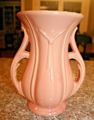 Vintage Mccoy Pottery 8 " Pink Double Handled Vase With A Tie Pattern