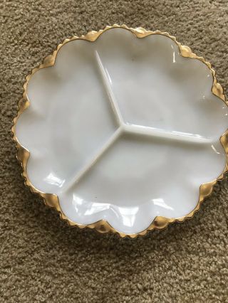 Vintage White Milk Glass Divided Serving Platter Relish Plate Dish Gold Trim