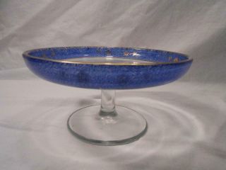 Small Glass Pedestal Candy Dish With Blue Trim And Gold Flowers: Possibly Heisey