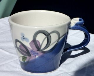 Kent Follette Signed Art Pottery Mug White Blue Green With Thumb Rest 16 Oz.